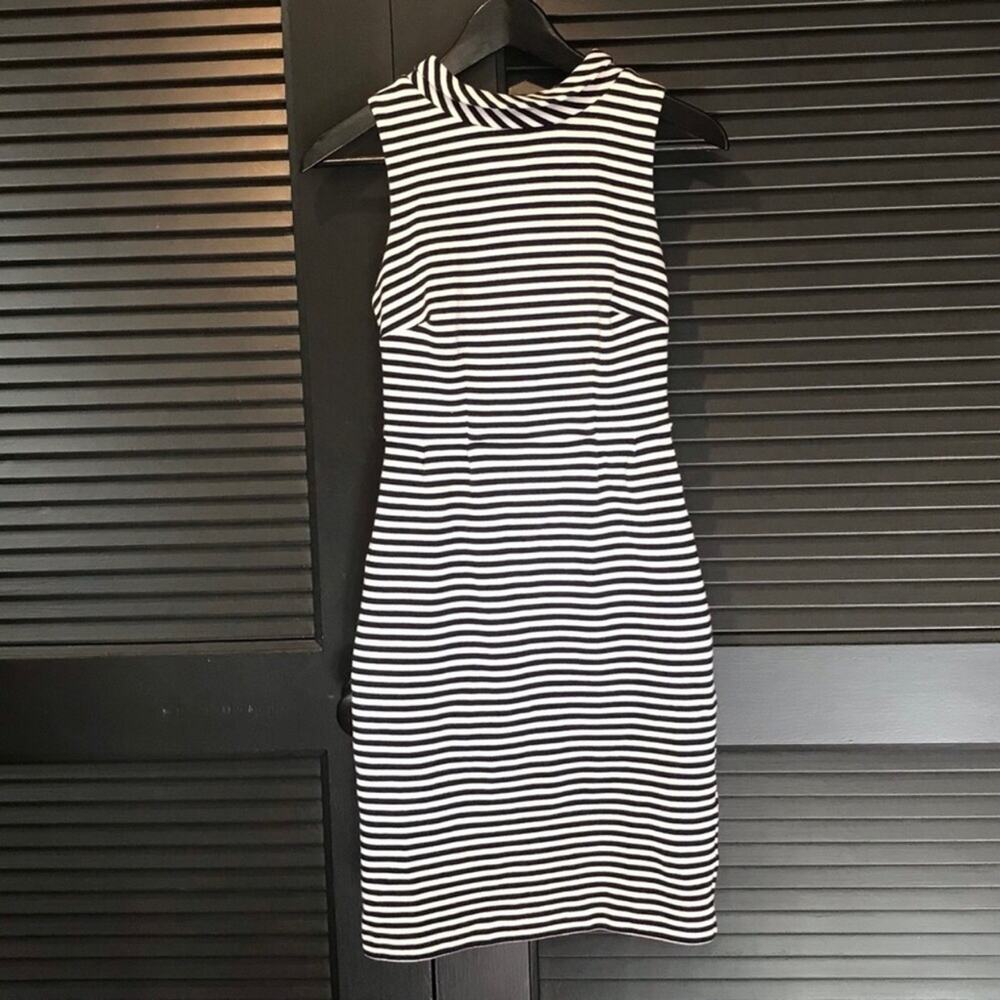 Boden 60s Sheath Ponte Knit, Blue & White Striped Sleeveless Dress, Size 2R